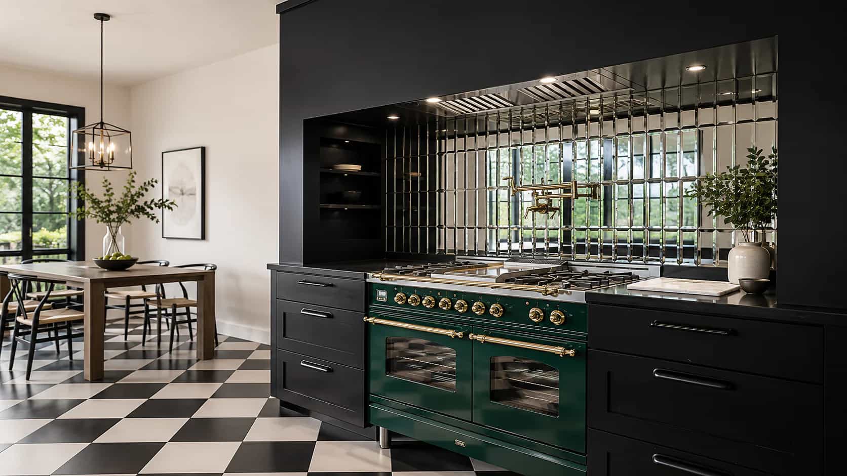 A polished kitchen and dining space with checkerboard floors