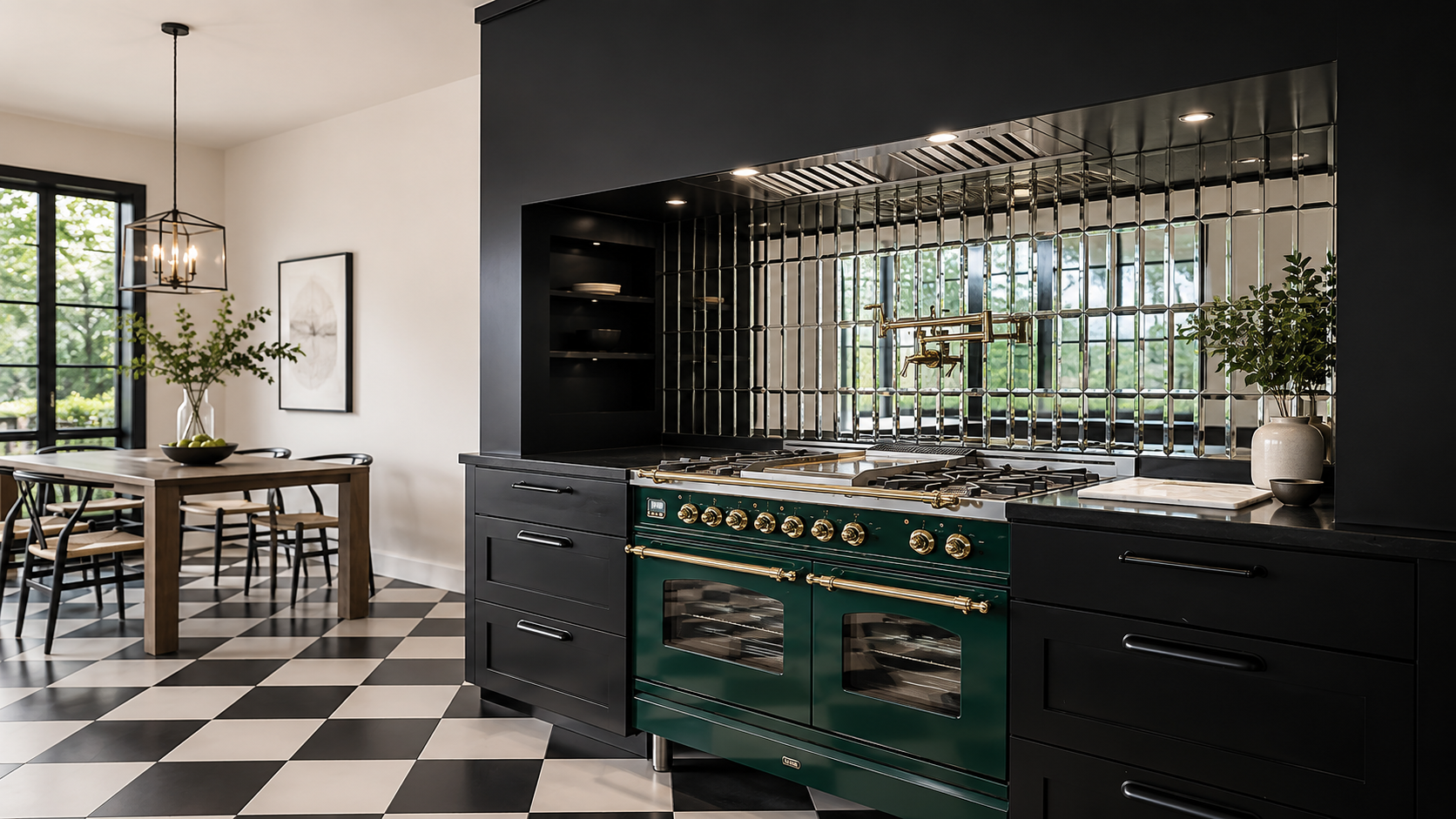 A polished kitchen and dining space with checkerboard floors