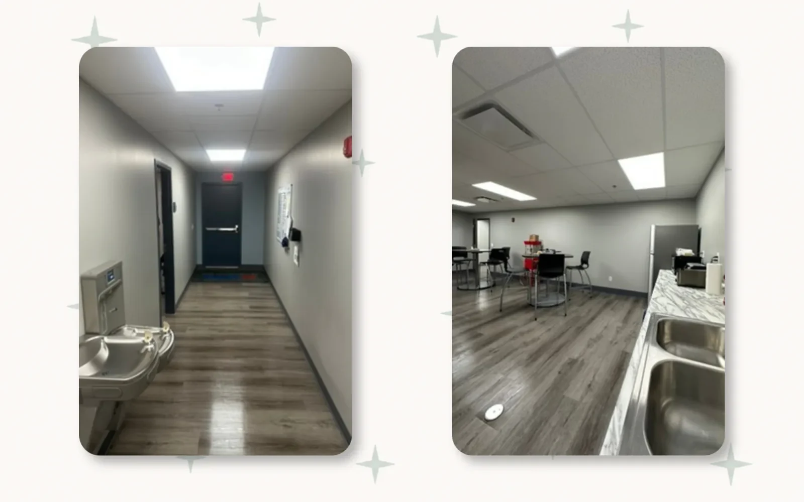 Commercial hallway and kitchenette